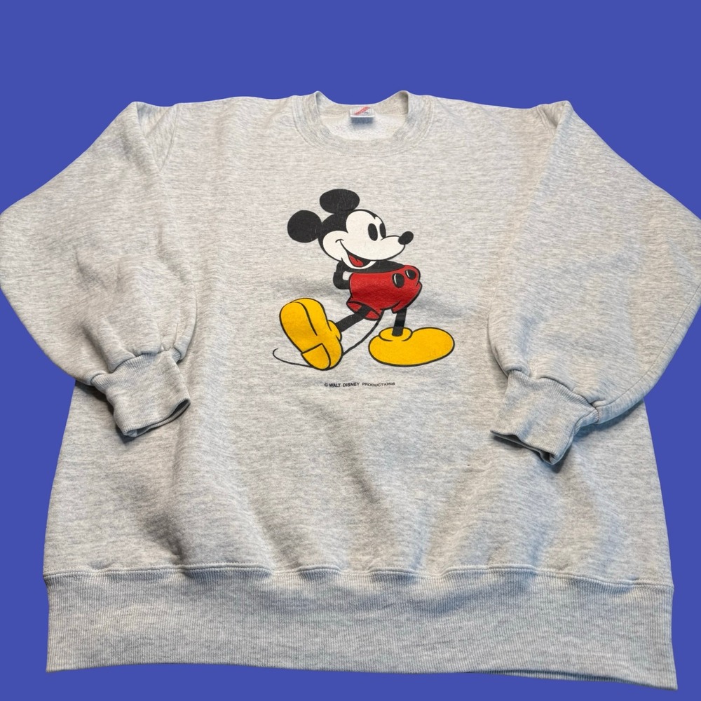 Vintage Mickey Mouse Sweatshirt XL Gray Walt Disney Jerzees USA Crewneck